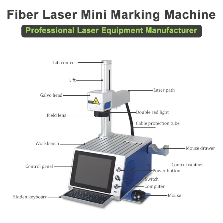 Small desktop fibre laser marking machine 20W 30W 50W for metal stainless steel nameplates and laser engraving.